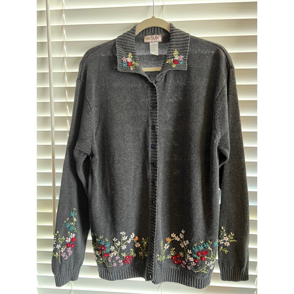 Tiara Women Cardigan Ramie Cotton Knit Floral Embroidered Cottagecore Grey 14/16